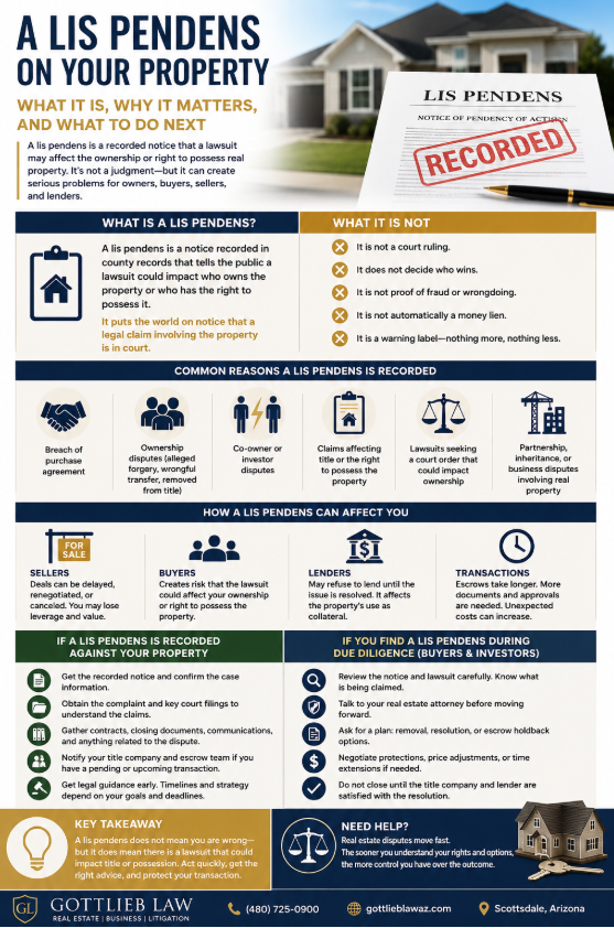 Talk to an Experienced Arizona Real Estate Lawyer If you’re dealing with a recorded lis pendens, a threatened filing, or a stalled transaction tied to a property dispute, Gottlieb Law can help you get clarity quickly. A focused review of the recorded notice and the underlying lawsuit can reveal whether you’re looking at a manageable issue, a serious title risk, or a filing that should be challenged. Contact us online to schedule a consultation or call us at: 602-899-8188.